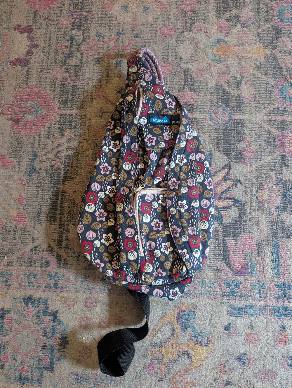 KAVU Floral Sling Purse - Navy with Pink & Cream Flowers